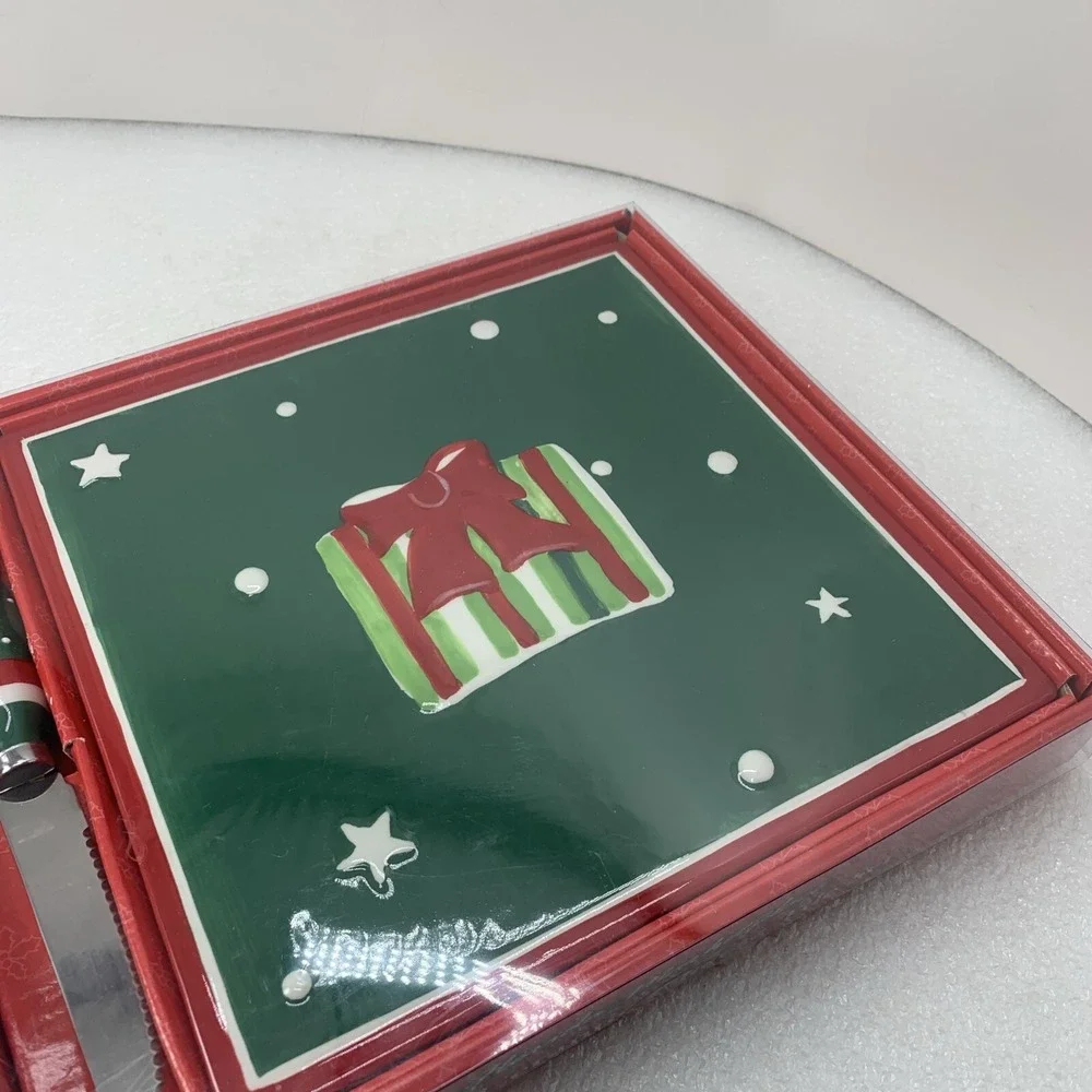 Vintage Ceramic Christmas Cheese Title Set Knife Green Board Gift, NEW